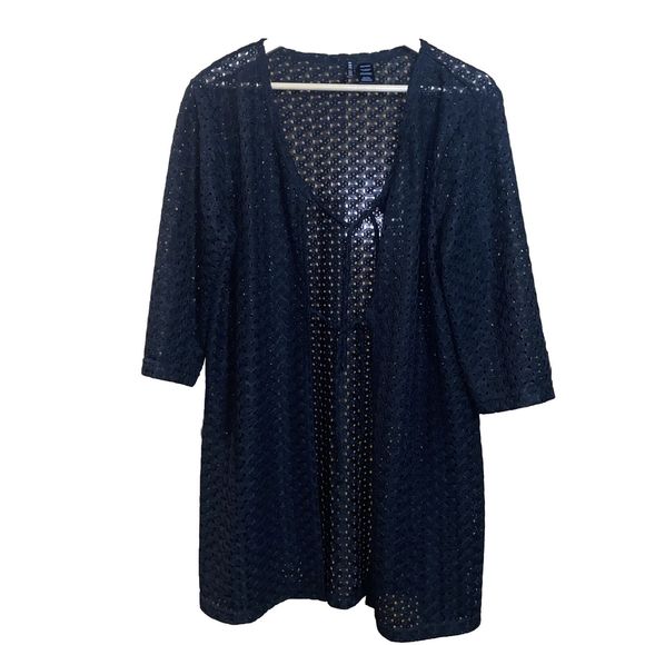 Anne Cole Swimsuit XXXL Black Mesh Crochet Open Front Tie Front Coverup - Picture 2 of 6